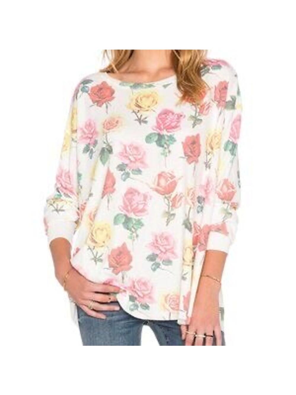 Wildfox White&Pink Floral Waffle Knit Oversized Tunic Top Sz.L